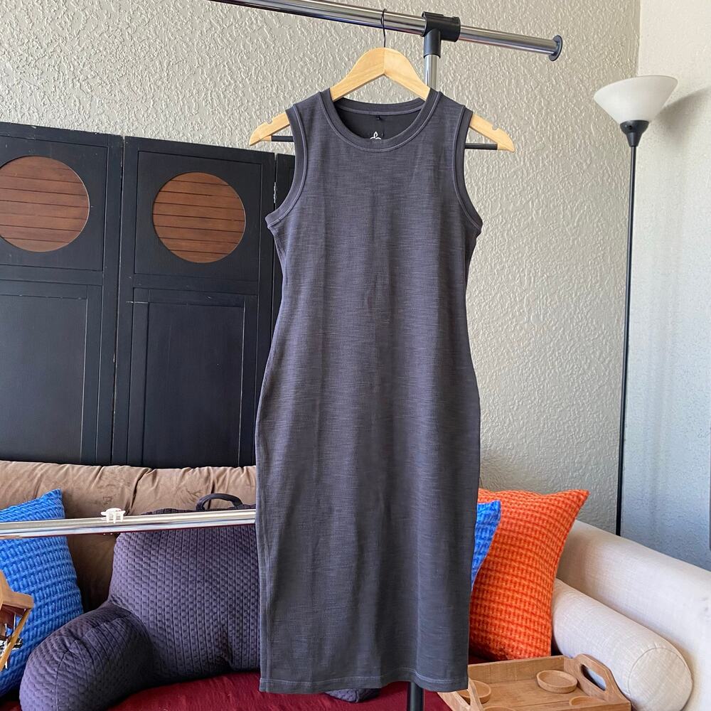 Prana Rib Fitted Dress Sleeveless Bodycon Workout Casual Midi Gray Black XS
